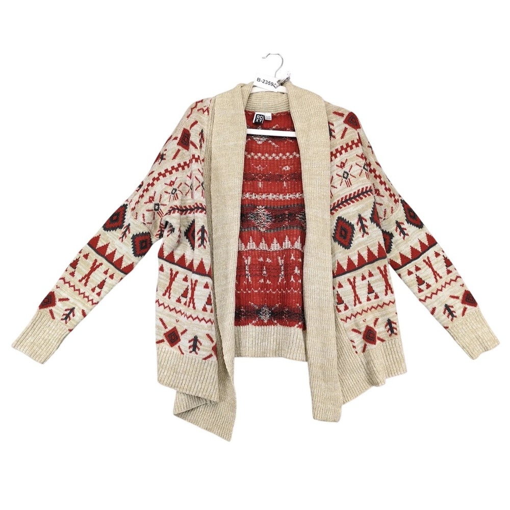 Roxy Southwestern Beige Open Front Cardigan Sweater Womens M Boho Aztec Western